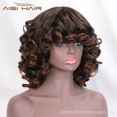 Aisi Hair Vendor Cheap Wholesale Curly Loose Wave Short Bob Ombre Brown Wig With Bangs For Black Women Synthetic Hair Wigs